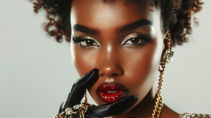 Elegant African American model with bold evening makeup, wearing gloves, and holding a golden chain close to her lips, white backdrop.