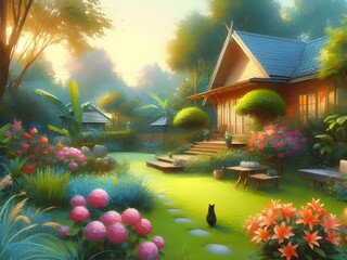 Home and Garden in the Morning, Flowers Blooming, Little Cat in the Garden, Golden Light of Imagination, Abstract Watercolor Painting.