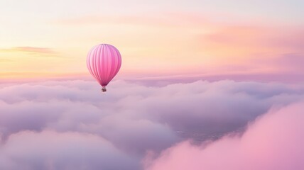 Obraz premium A pink hot air balloon floats gracefully above soft clouds at sunset, surrounded by pastel skies, evoking a sense of serenity and adventure.