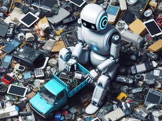  Image of robot in garbage pile, recycling, e-waste, computer industry, automotive industry.