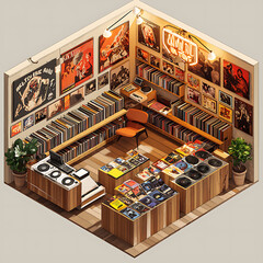 Isometric Record Store with Vinyl Display