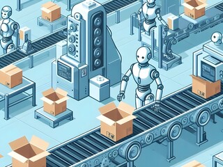 Innovative contemporary smart industry product design, automated production line, delivery and distribution with people, robots and machinery, industry concept.