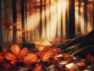 Magical autumn scenery in a dreamy forest, with rays of sunlight beautifully illuminating the mist and creating beautiful colors in the foliage.