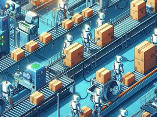 Industry concept innovative contemporary smart industry product design, automated production line, delivery and distribution with people, robots and machinery,