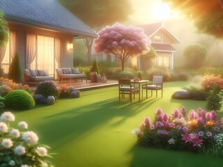 Morning Home and Garden, Golden Light of Imagination, Abstract Watercolor Painting.