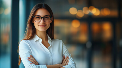 Confident young businesswoman smiling with her arms crossed in a contemporary office setting