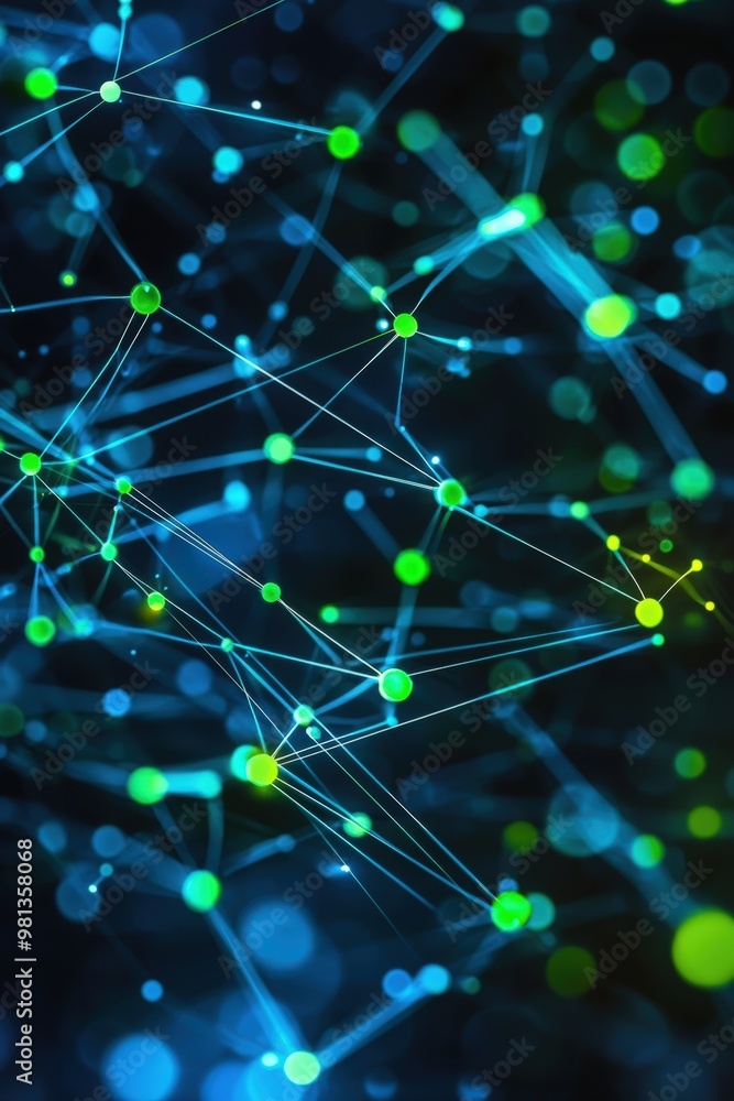Poster futuristic abstract background with interconnected glowing nodes and lines in neon blue and green - 