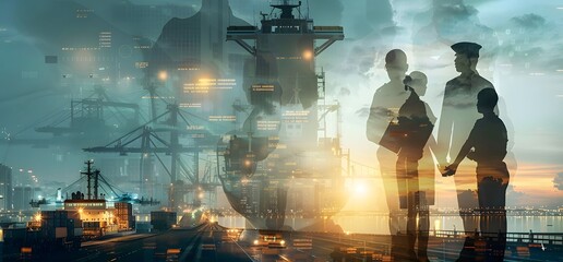 Silhouettes of People Overlapping an Industrial Waterfront Cityscape