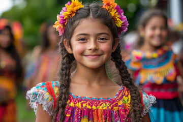 Fototapeta premium A young girl wearing a colorful dress and a flower headband is smiling