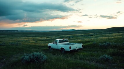 Fototapeta premium White Pickup Truck in a Vast Field at Sunset