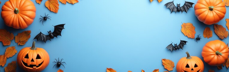 Festive Halloween decorations with pumpkins, bats, and spiders arranged on a blue backdrop