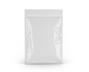 Mockup Blank Foil Or plastic Food Stand Up Pouch Snack Sachet Full Bag food Packaging . Front View.  Isolated On White Background. Mock Up. 3D rendering, 3D illustration