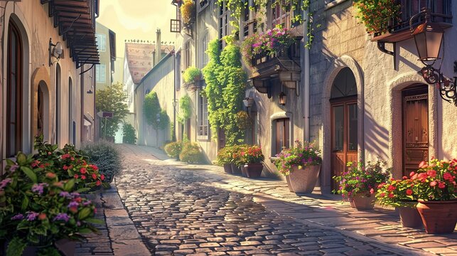 Fototapeta Renaissance street scene with cobblestones historic buildings and morning sunlight