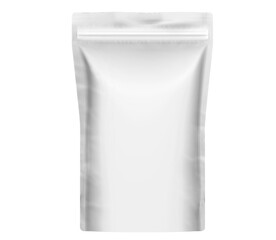 Mockup Blank Foil Or plastic Food Stand Up Pouch Snack Sachet Full Bag food Packaging . Front View.  Isolated On White Background. Mock Up. 3D rendering, 3D illustration