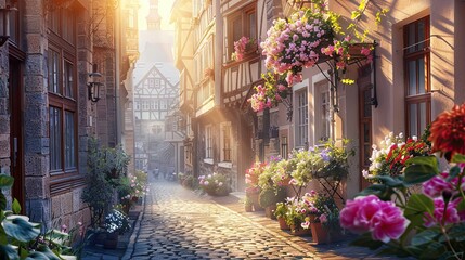 Obraz premium Mannerist street scene with elongated forms intricate patterns and soft morning sunlight
