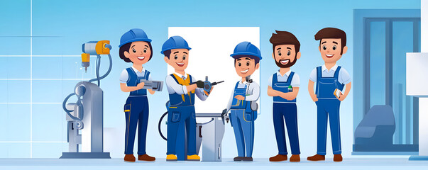 A group of five cartoon construction workers in blue uniforms, engaging with tools in a workshop setting, showcasing teamwork and professionalism.