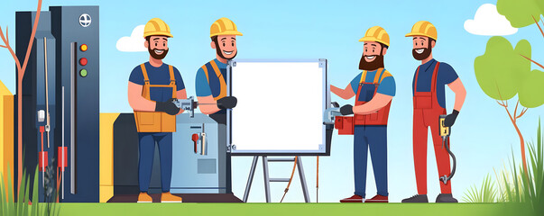 Obraz premium Four cartoonish construction workers in hard hats gather around a blank board, with construction equipment in a bright outdoor setting.