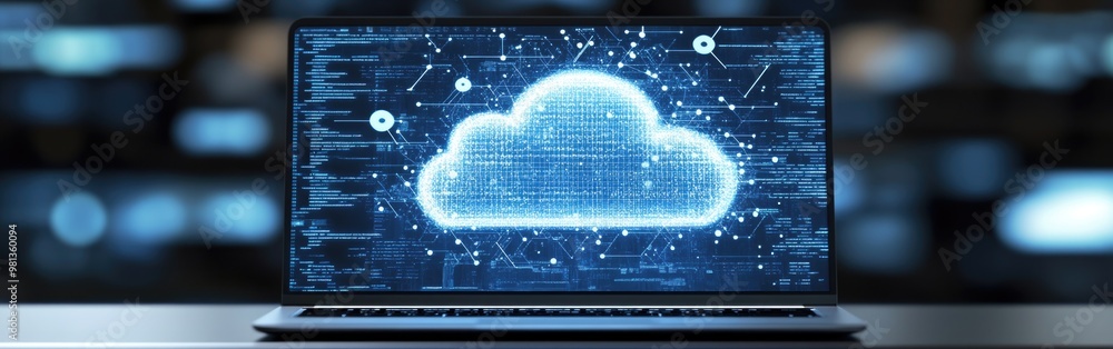 Poster a laptop shows cloud computing code, illustrating advancements in digital transformation