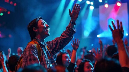 This lively crowd expresses excitement during a vibrant evening concert filled with colorful lighting.
