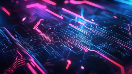 Fototapeta premium Futuristic Abstract Background with Neon Lines and Circuits on Dark Blue Backdrop for High Tech Design