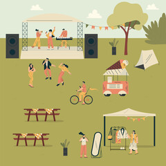 Musical Festival with People Dance and Listen to Music Outdoor Vector Illustration