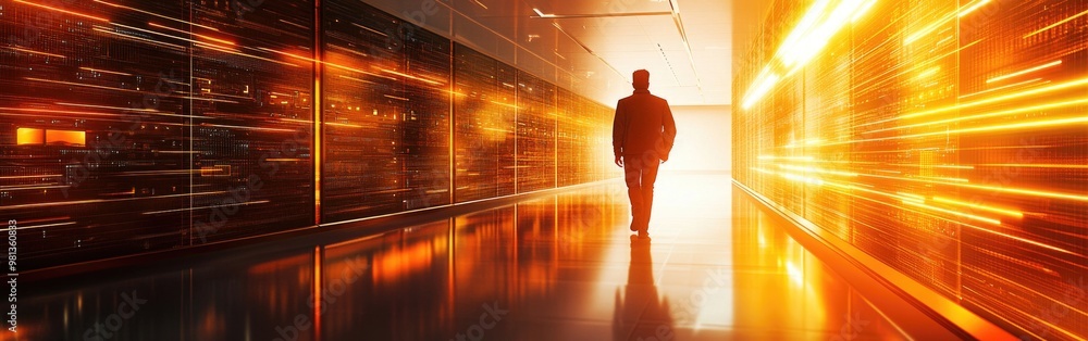 Aufkleber a man navigates a server room filled with advanced technology and glowing light patterns