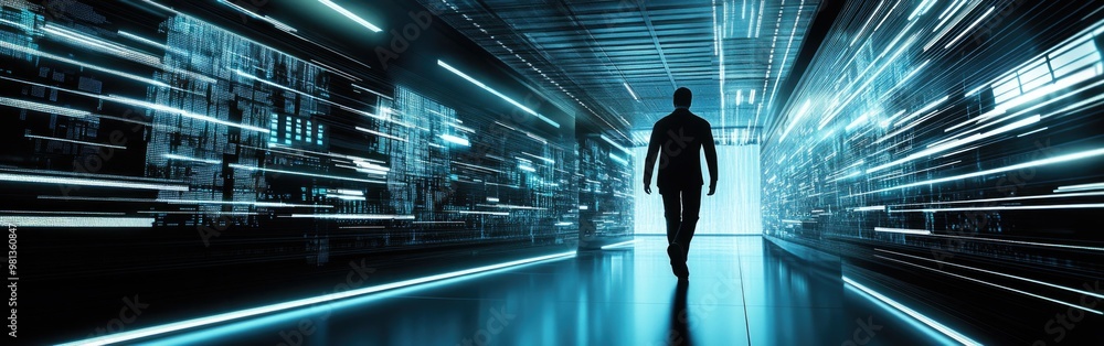 Aufkleber a man walks through a modern server room filled with glowing lines representing data flow