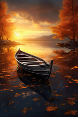 Fototapeta premium A boat floating on the lake during autumn sunset 