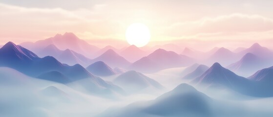 Obraz premium A serene landscape of soft, layered mountains bathed in gentle pastel hues during sunrise, creating a tranquil and dreamy atmosphere.