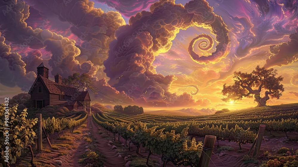 Poster Surreal vineyard scene with whimsical vines fantastical farmhouse and swirling sunset