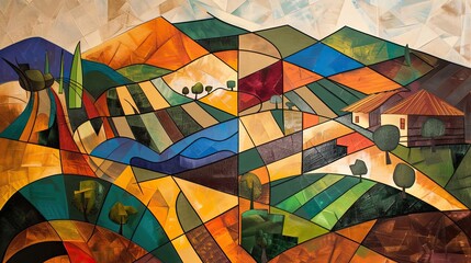 Fototapeta premium Geometric vineyard scene with intersecting lines angular forms and bold cubist colors