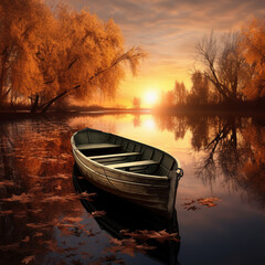 A boat floating on the lake during autumn sunset 