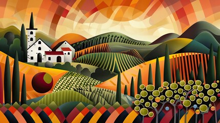 Constructivist vineyard scene with geometric shapes industrial vines and bold colors