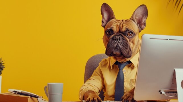 A French bulldog dressed in a yellow shirt and tie sits at a desk with a computer, coffee mug, and office supplies.