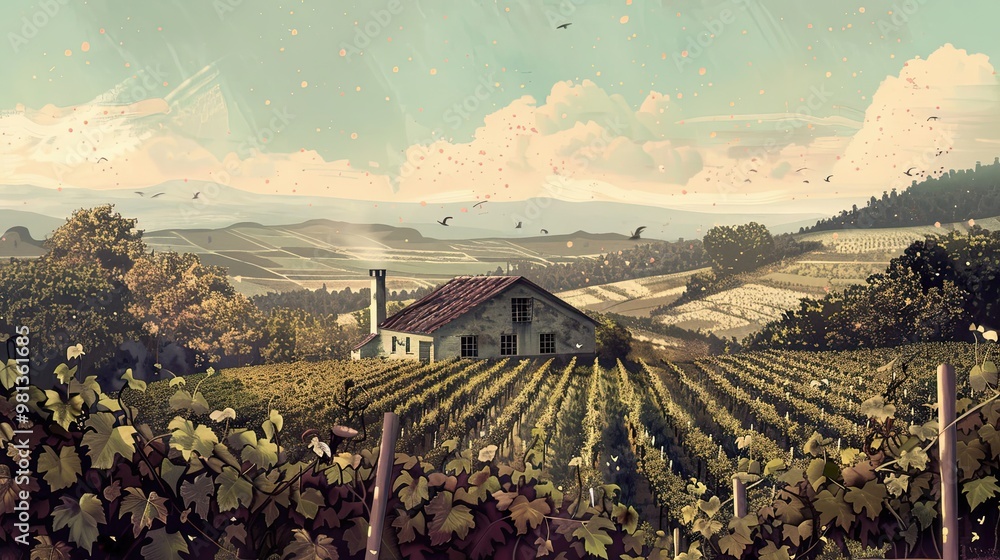 Wall mural lo-fi vineyard scene with nostalgic tones muted colors and vintage rustic charm