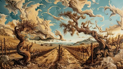 Mannerist vineyard scene with elongated vines whimsical skies and artistic flourishes