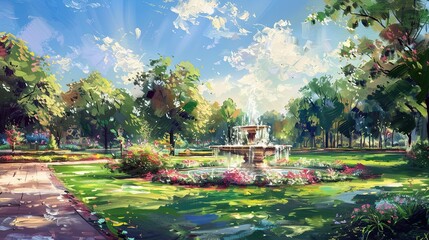 Obraz premium Impressionist-inspired park with blurred flowers gentle fountain and ethereal light