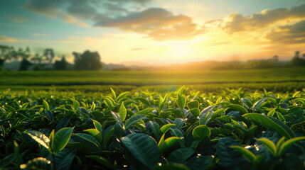 cenic young upper fresh bright green tea leaves at tea plantation at sunset.