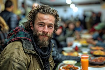 A homeless young man with blond hair and a beard, wearing an old jacket, sits at a table with a tray of food, surrounded by people in a busy environment.