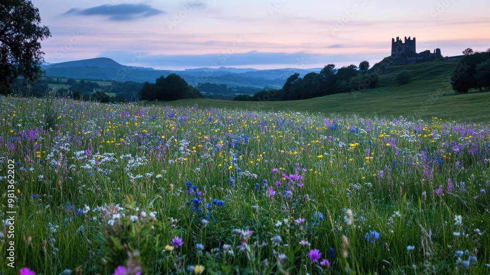 Wall mural a picturesque landscape featuring a vibrant wildflower meadow with a castle in the distance against 