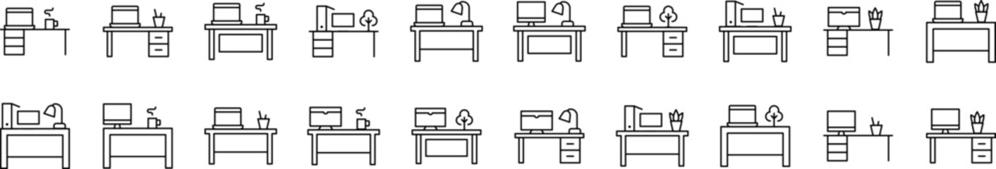 Computer on Table Set of Thin Icons. Editable Stroke. Suitable for Web Sites, Books, Cards, Apps