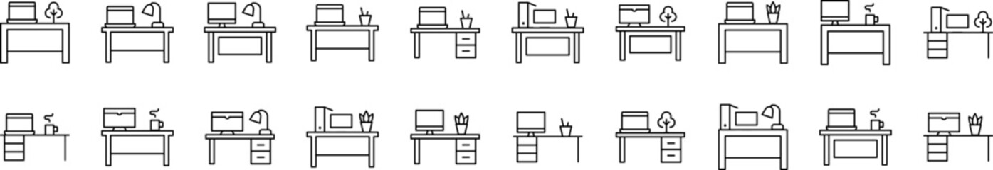 Computer on Table Collection of Thin Icons. Editable Stroke. Suitable for Web Sites, Books, Cards, Apps