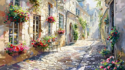 Impressionist cobblestone street with historic buildings and soft morning sunlight