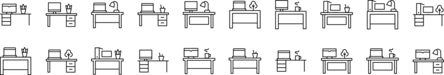 Computer on Table Bundle of Thin Icons. Editable Stroke. Suitable for Web Sites, Books, Cards, Apps