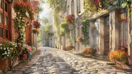 Neo-classical cobblestone street with harmonious buildings and soft natural sunlight