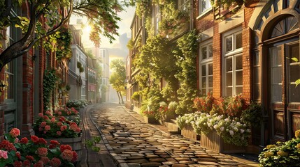 Fototapeta premium Neo-classical street scene with historic buildings classical elements and morning sunlight