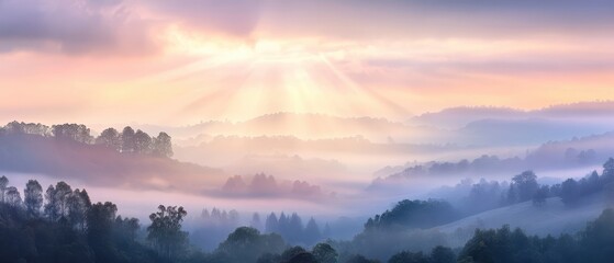 A serene landscape with soft morning light breaking through mist over rolling hills, creating a peaceful and ethereal atmosphere.