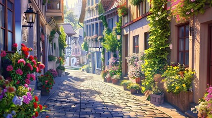 Fototapeta premium Bauhaus street scene with cobblestones historic buildings and morning light