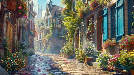 Fototapeta premium Nonsensical cobblestone street with whimsical elements and bold contrasting colors