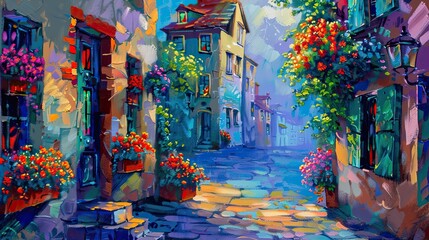 Fototapeta premium Neo-expressionist street scene with intense colors dynamic brushstrokes and sunlight